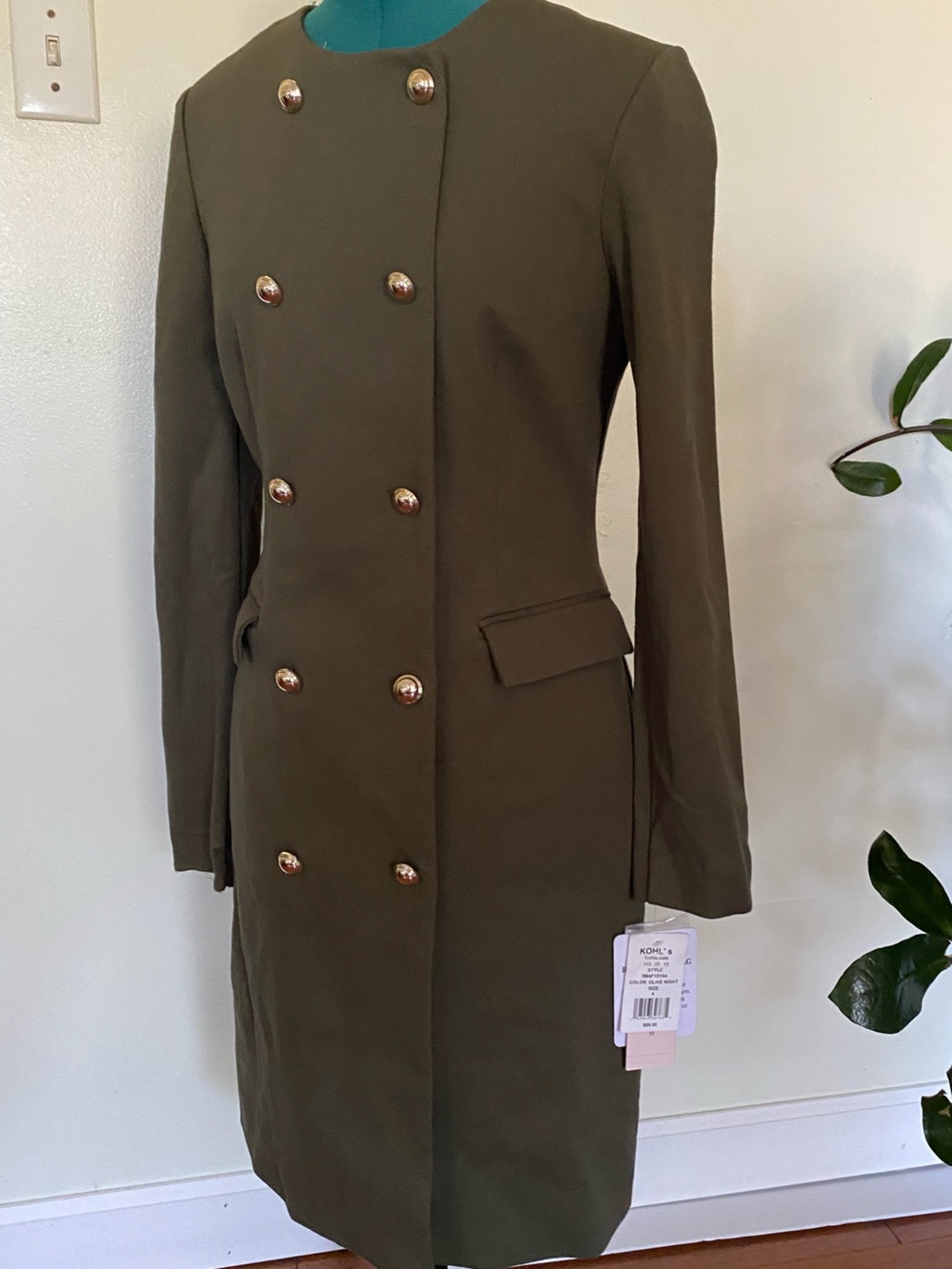Nanette Lepore Olive Military-Style Peacoat with Gold Buttons